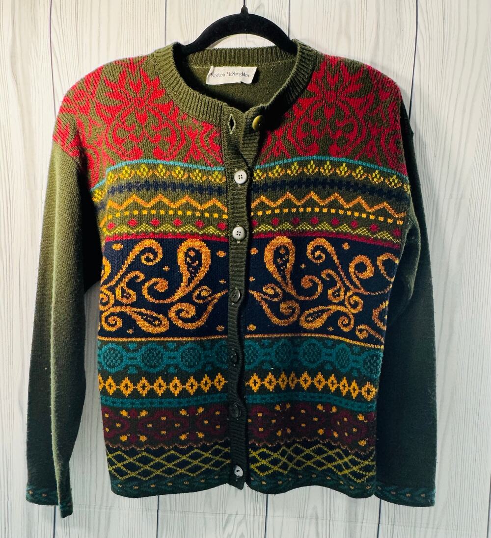 VTG Norton McNaughton Olive Green Mixed Print Knit Cardigan Sweater USA Small
